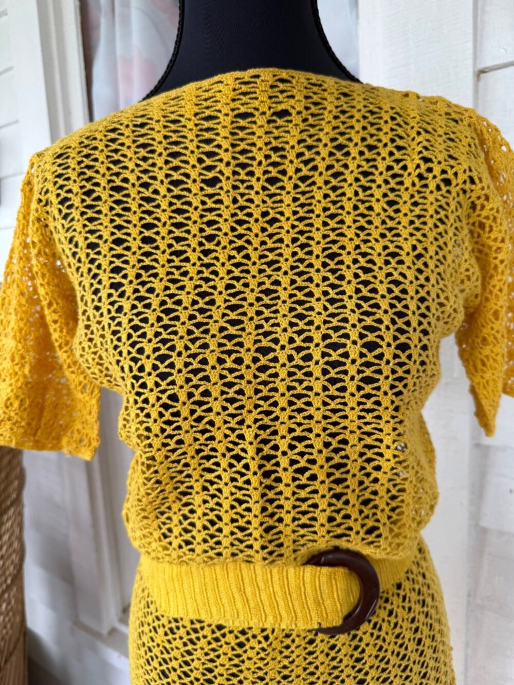Vintage 1930s Mustard Yellow Cotton Crochet Tea Dress With Belt Size S - Picture 4 of 16